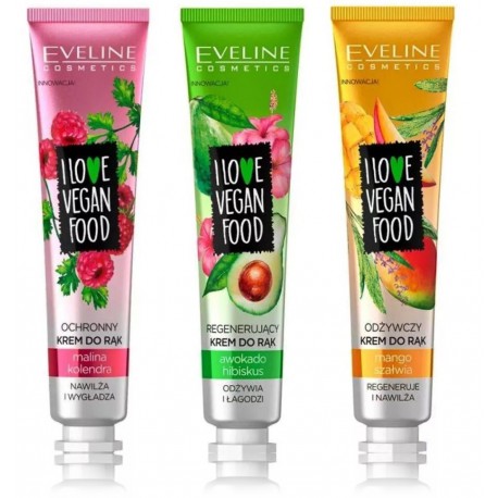 Eveline I Love Vegan Food kremų rankoms rinkinys (Raspberry & Coriander 6x50 ml. + Avocado & Hibiscus 6x50 ml. + Mango & Sage 6x50 ml.)