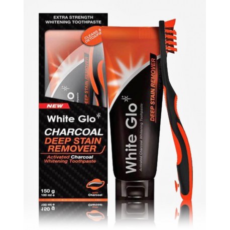 White Glo Charcoal Stain Remover įsisenėjusias dėmes balinanti dantų pasta (100 ml.) su aktyvuota anglimi + dantų šepetėlis