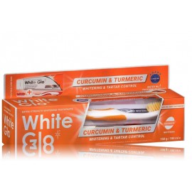 White Glo Curcumin & Turmeric Tartar Control And Whitening Toothpaste  rinkinys (100ml.) nuo dantų akmenų apsauganti pasta + dantų šepetėlis