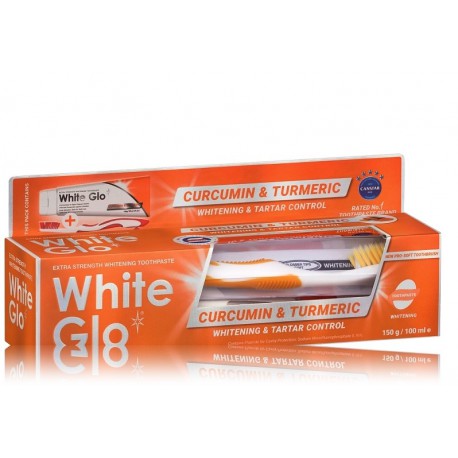 White Glo Curcumin & Turmeric Tartar Control And Whitening Toothpaste  rinkinys (100ml.) nuo dantų akmenų apsauganti pasta + dantų šepetėlis