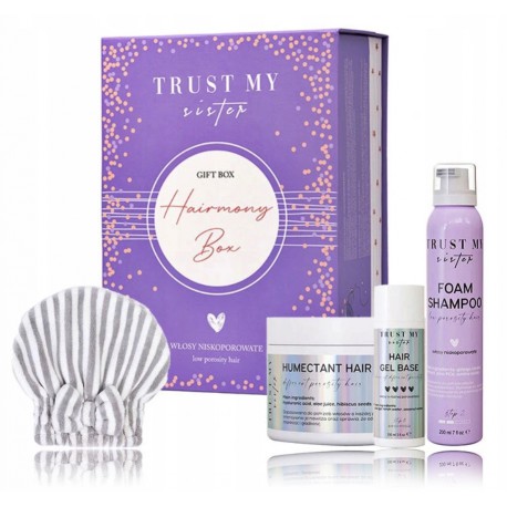 Trust My Sister Set Hairmony Box (šampūnas mažai poringiems plaukams 200ml + plaukų gelio bazė 100ml + plaukų kaukė 150g + kepurė plaukams)