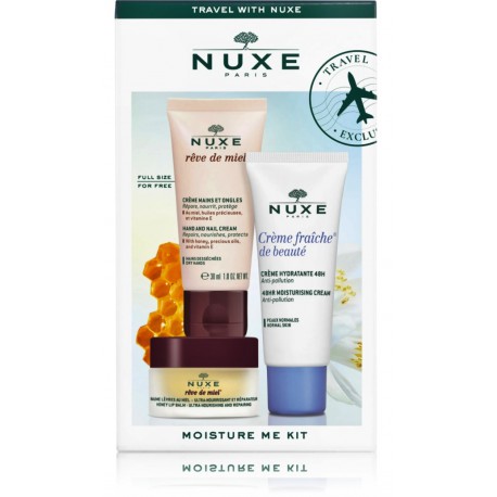 Nuxe Moisture Me Kit rinkinys (veido kremas 30ml + rankų kremas 30ml + lūpų balzamas 15g)