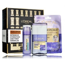 L'oreal Hyaluron Specialist Intensive Hydration And First Wrinkles rinkinys (makiažo valiklis + lakštinė veido kaukė + veido gelis)