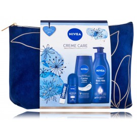 Nivea Creme Care rinkinys moterims (400 ml. kūno pienelis + 250 ml. dušo kremas + 50 ml. antiperspirantas + 4,8 g. lūpų balzamas + kosmetinė)