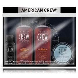 American Crew Essential rinkinys vyrams (50 ml. skutimosi gelis + 100 ml. šampūnas + 100 ml. kondicionierius + 50 g. plaukų vaškas)