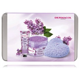 Dermacol Flower Care Lilac rinkinys kūno priežiūrai (30 ml. rankų kremas + 200 g. kūno šveitiklis + 130 g. žvakė)