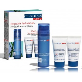 Clarins Men Hydration Essentials Set rinkinys vyrams (50 ml. veido balzamas + 30 ml. šampūnas/dušo gelis + 30 ml. veido prausiklis)