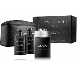 Bvlgari Man in Black Cologne rinkinys vyrams (100 ml. EDT + 75 ml. balzamas po skutimosi + 75 ml. gelis + kosmetinė)