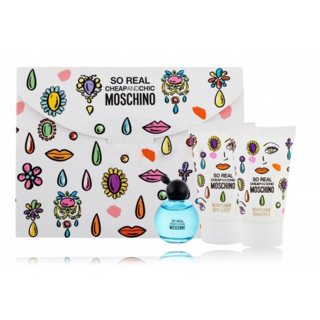 Moschino So Real rinkinys moterims (4,9 ml. EDT + 25 ml. dušo gelis + 25 ml. kūno losjonas)