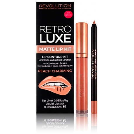 Makeup Revolution Makeup Revolution Retro Luxe Matte lūpų dažų rinkinys Peach Charming (5,5 ml. lūpų dažai + 1 g. lūpų pieštukas)